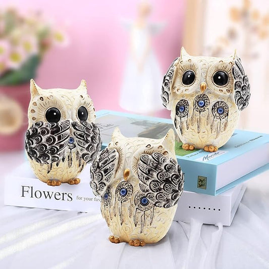 3 Owl Figurines Decor, Owl Statue Figurine, See No Hear No Speak No Evil Ornaments, Crafted Animal Sculpture, Cute Owls Decoration for Living Room, Office, Bookshelf, Bedroom - White