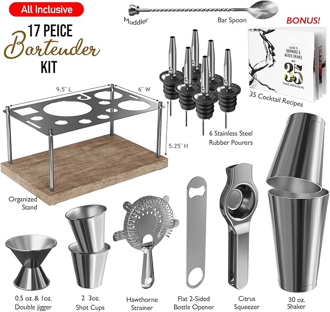 Bar Set Cocktail Shaker Set Bartender Kit, 17 Piece Silver Cocktail Set, Mixology Bartender Kit with Wood Stand, Steel Cocktail Kit, Bar Accessories: 30oz Martini Shaker, Muddler, Cocktail Book & More