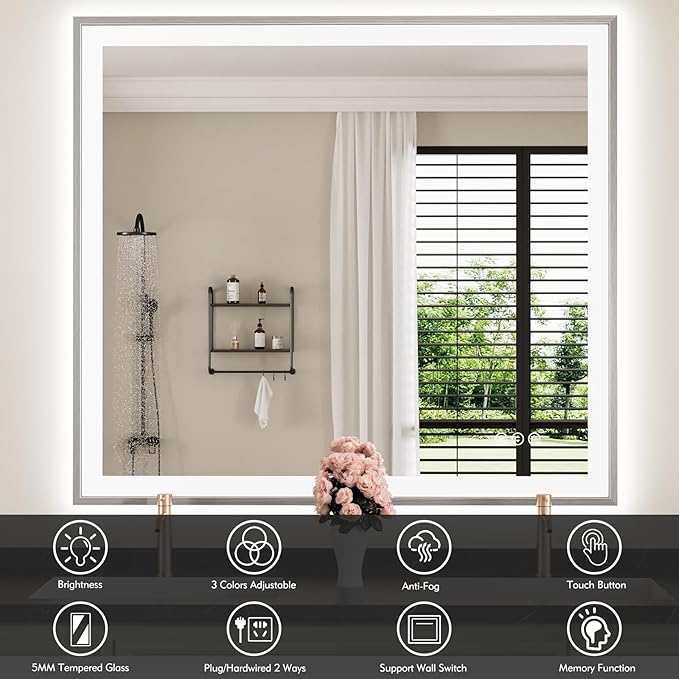 40x36 Silver LED Bathroom Mirror, Rectangle Brushed Nickel Lighted Mirror for Wall, Stepless Dimmable Led Vanity Mirror with Front-lit and Backlit, Tempered Glass, Anti-Fog, Memory
