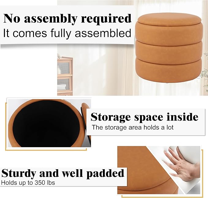 DAGONHIL Round Storage Ottoman PU Leather Footrest, Hidden Storage Ottoman Stool, Multi-Functional Coffee Table for Living Room, Bedroom, Entryway, Brown