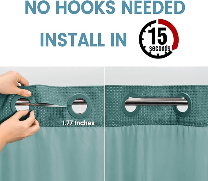 Seaweed Green Long No Hook Shower Curtain with Snap in Liner,230GSM Waffle Weave Shower Curtains for Bathroom,71W x 86H