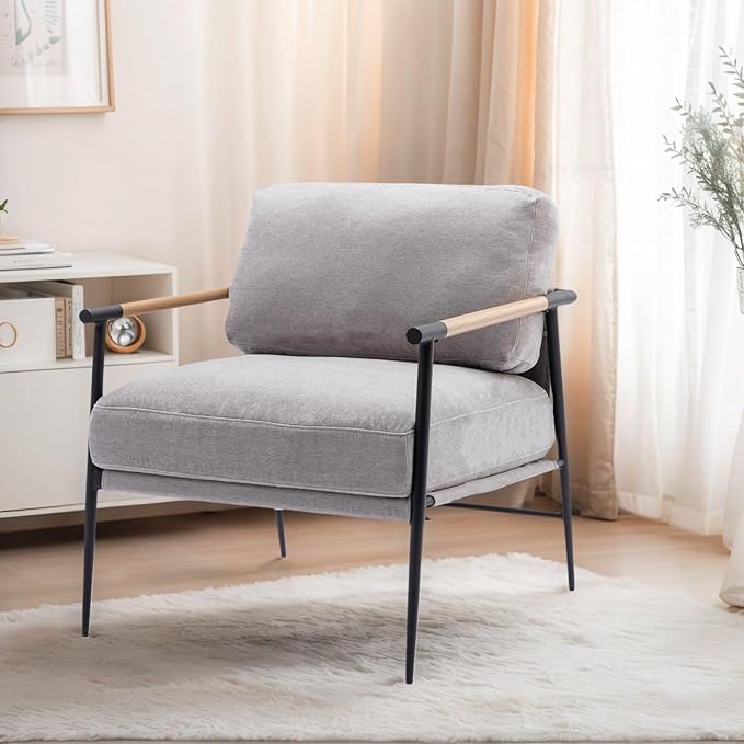LukeAlon Mid Century Chenille Accent Chairs Set of 2, Ultra Soft Living Room Chairs with Metal Legs Modern Armchairs Upholstered Lounge Leisure Chairs for Bedroom Reception Area, Grey