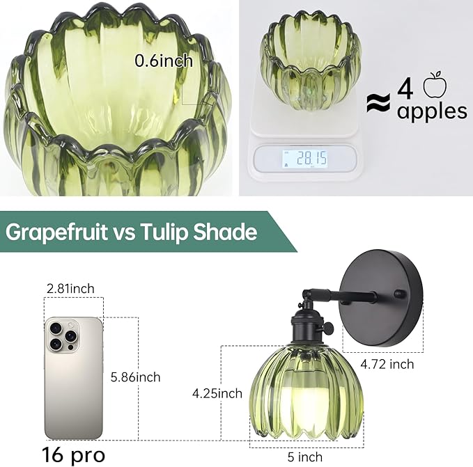 Vintage Battery Operated Wall Sconce with Cute Green Tulip Glass Lampshade Wireless Rechargeable Battery Powered Black Wall Light with Remote Control for Bedside Bedroom Doorway