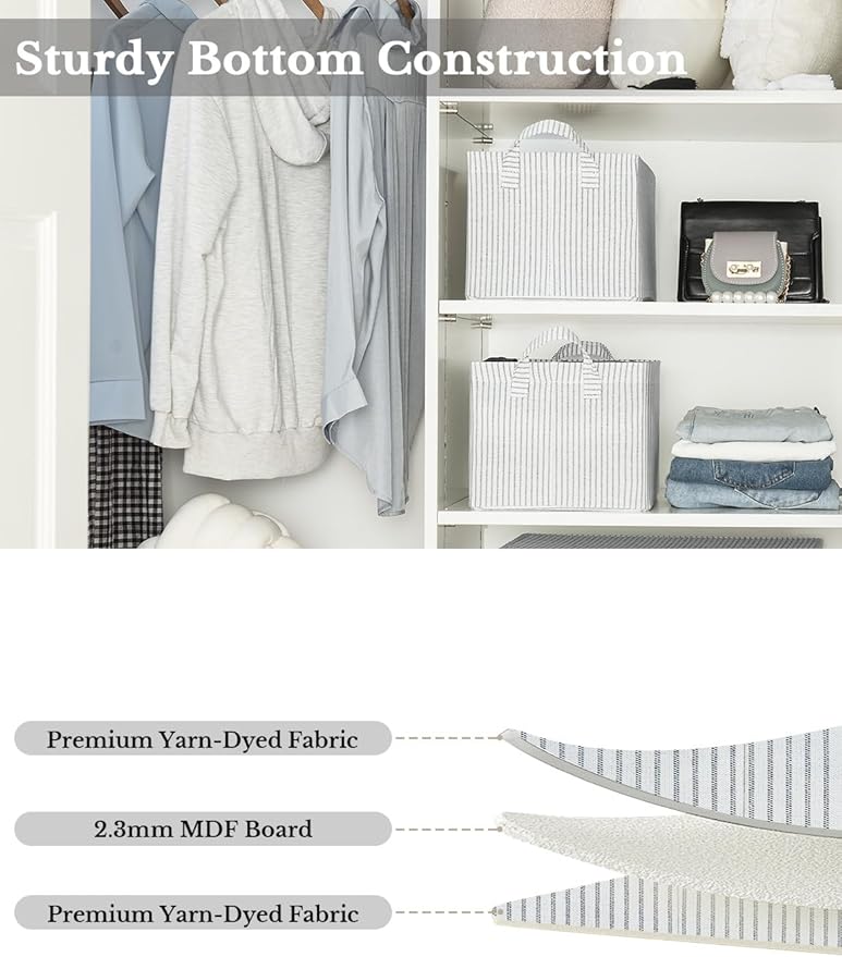 StorageWorks Storage Bins, Fabric Storage Bins for Shelves, Storage Baskets with Metal Frame, Closet Baskets and Bins with Handles, Khaki and Beige Stripes, 2-Pack