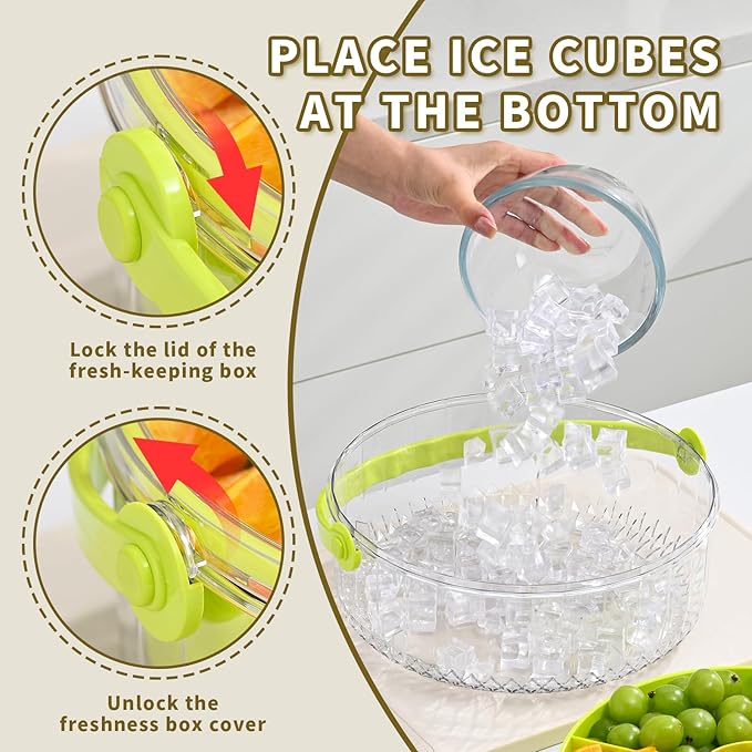 Fruit Ice Divided Serving Tray with Lid and Handle,Chilled Veggie Tray,Shrimp Cocktail Serving Dish,Ideal Cold Chilled Serving Platter for Parties,for Vegetables,Appetizer,Salads,Picnic,Road Travel