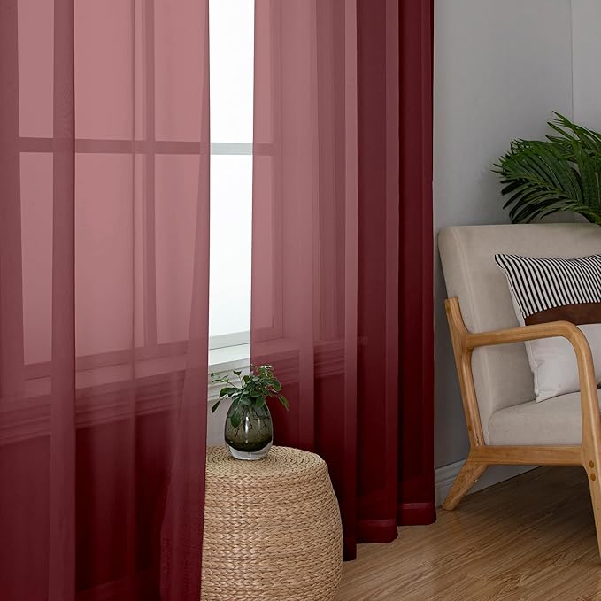 Aiyufeng Sheer Window Curtain Panels 96 Inch Long 2 Pieces, Voile Top Dual Rod Pocket Breathable Fashion Drapes Window Treatment for Wedding Ceremony/Bedroom/Living Room, 40W x 96L inches, Burgundy