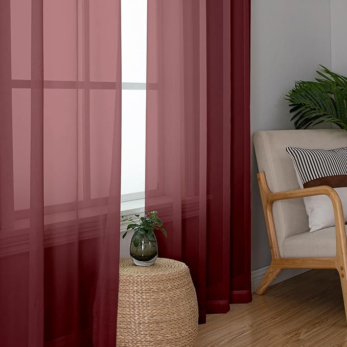 Aiyufeng Sheer Voile Window Treatment Rod Pocket Curtain Panels for Kitchen Bedroom Living Room Drapes Sunlight Filtering Privacy Semi Home Decor Assorted Colors Sizes (Burgundy, 40 W x 72 L)
