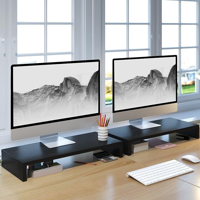 TEAMIX 2 Pack Monitor Stand Riser-20 inch, Black Desktop Stand for PC/TV/Laptop/Printer, Keyboard Shelf Organizer Wood Monitor Riser with Storage