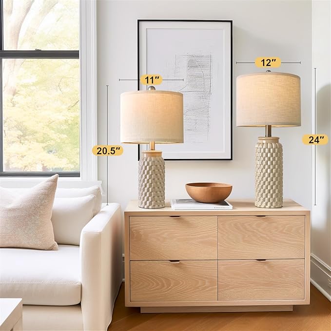 24" Modern Ceramic Bedside Lamp Set of 2 for Bedroom Decor Farmhouse Table Lamp for Living Room Office Dorm