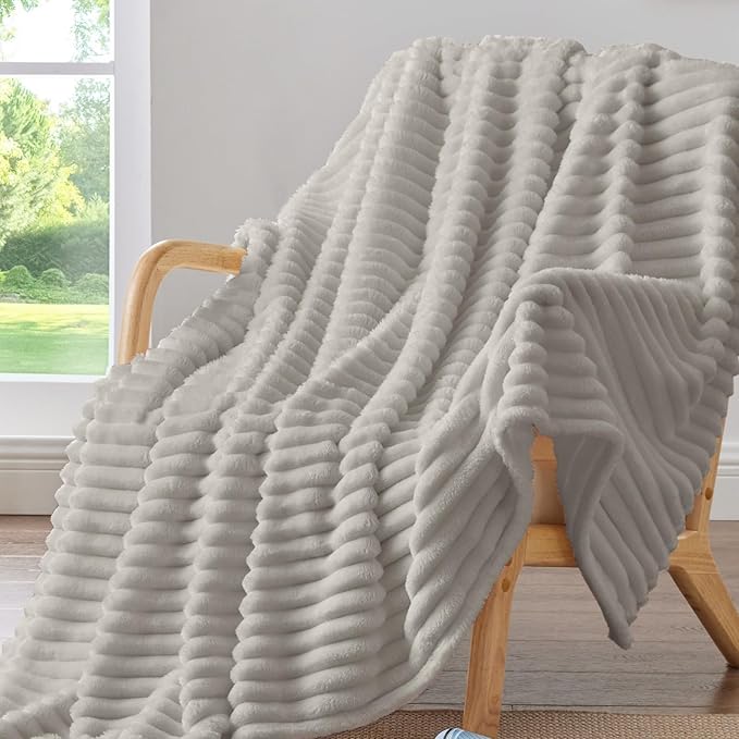 BEDELITE Fleece Throw Blanket for Couch - 300GSM Soft & Warm Fluffy Light Grey Blanket, Decorative and Giftable Striped Blankets for Women, Men, 50"x70"