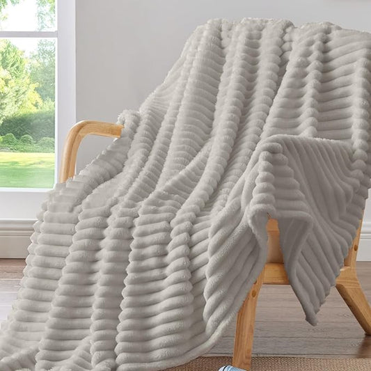 BEDELITE Fleece Throw Blanket for Couch - 300GSM Soft & Warm Fluffy Light Grey Blanket, Decorative and Giftable Striped Blankets for Women, Men, 50"x70"