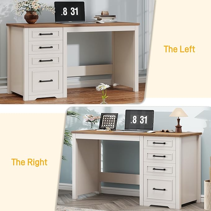 Vabches Farmhouse 49” Executive Desk with File Drawer, 4 Drawers Reversible Computer Desk with Storage, Rustic Home Writing Workstation for Home Office.White Brown