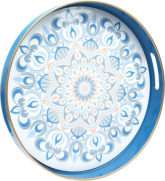 Round Blue Decorative Tray for Coffee Table, Ottoman, 13” Plastic Serving Platter Tray with Handles for Entertaining, Living Room