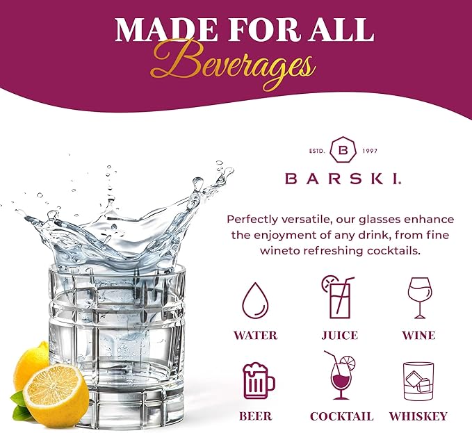 Barski Whiskey Glasses - Double Old Fashioned Rocks Glass - Set of 4 Lowball Tumbler - DOF Crystal Glass Tumblers - For Scotch - Bourbon - Water - Beverage - Drinking Glasses - 11 oz - Made in Europe