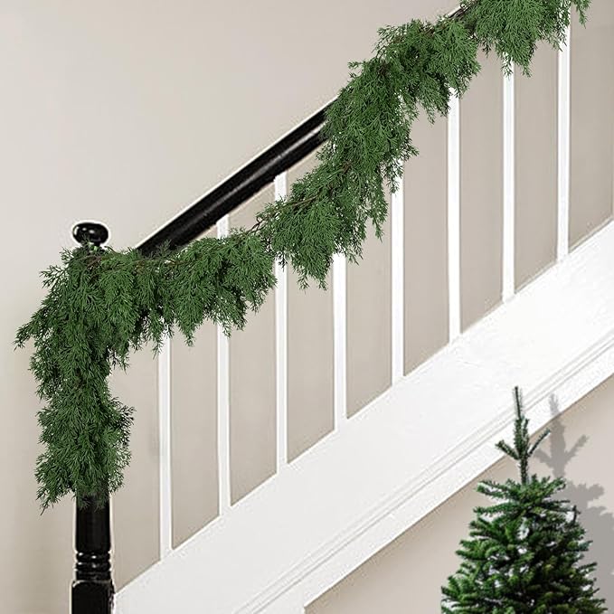 9.8 Ft Realistic Touch Norfolk Pine Garland, Greenery Artificial Pines Cypress Garland, Fake Christmas Pine Garlands for Xmas Table Mantle Fireplace Window Home Indoor Outdoor Decoration