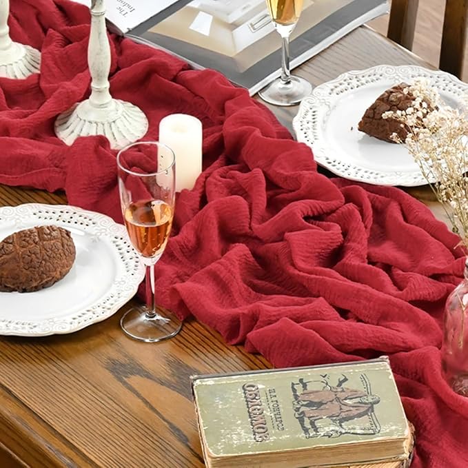 Artoid Mode Boho Cheesecloth Gauze Red Wedding Table Runner, 120 Inch Seasonal Christmas Fabric Kitchen Dining Holiday Table Decor for Home Party Indoor