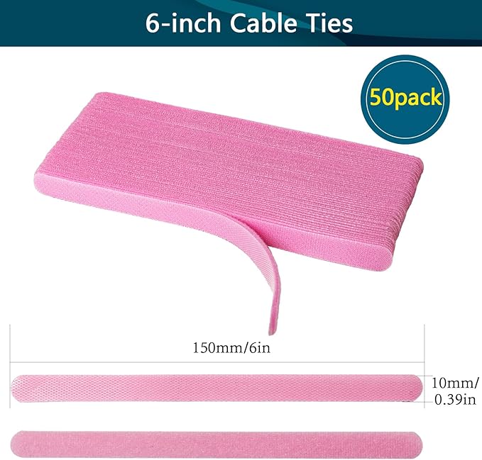 YOVXLO 50PCS 6 Inch Reusable Cable Ties, Adjustable Fastening Ties, Microfiber Cloth for Computer Link Cable Cord Management (Pink)