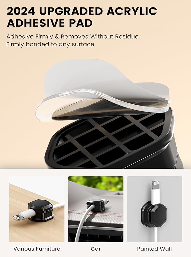 6 Pack Magnetic Cable Clips, Cable Holder Clips, Cable Smooth Adjustable Cord Organizer Holder, Strong Adhesive Wire Charger Holder for Desk, Office Supplies