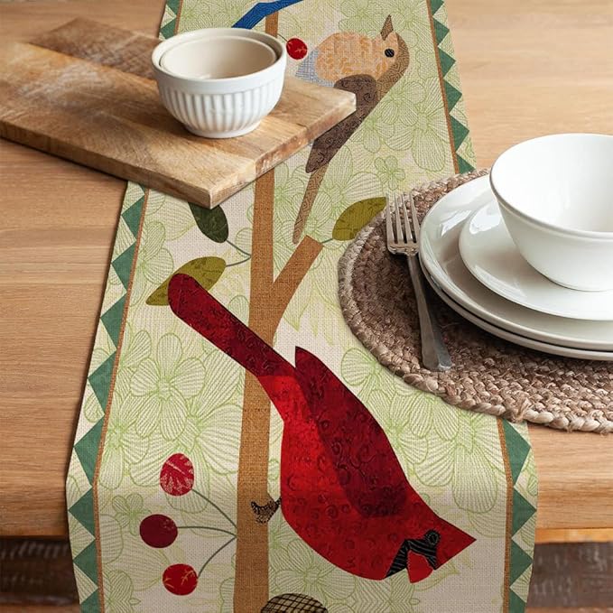 Seliem Summer Birds Tree Branches Table Runner, Cardinal Home Kitchen Dining Decor, Spring Seasonal Farmhouse Decorations Indoor Outdoor Party Supply 13 x 72 Inch