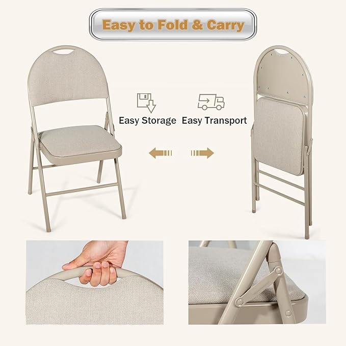 POWERSTONE Folding Chairs 6 Pack, Foldable Chair Set with Padded, Handle Hole and Metal Frame Dining Chair Set for Indoor and Outdoor, School, Office and Garden Party (Beige)