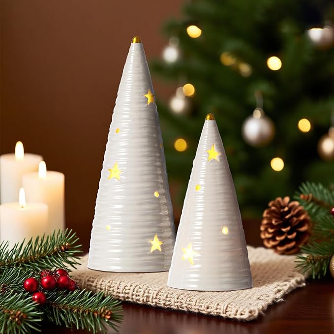 DN DECONATION Ceramic Christmas Tree Decor with Lights, Battery-Operated Tabletop Xmas Trees, 2Pcs Prelit White Christmas Tree Figurines Decorations for Home, Mantel, Shelves