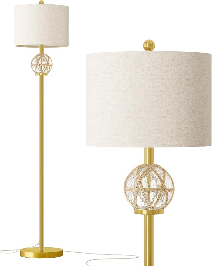Oneach 61.5” Modern Floor Lamp for Living Room, Gold Boho Standing Lamp with Rattan Glass Design, Rotary Switch, Farmhouse Tall Lamps for Bedroom Office Dining Room (Without Bulb)