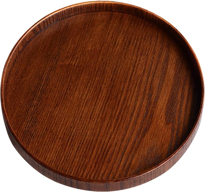 Solid Wood Serving Tray, Round Non-Slip Tea Coffee Snack Plate Food Meals Serving Tray with Raised Edges for Home Kitchen Restaurant (9.5inch, Brown)