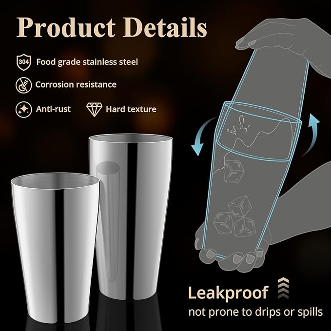 Cocktail Shaker, 4-Piece Pro Stainless Steel Bar Set, Mixed Drink Shaker, Cocktail Tin for Bartending
