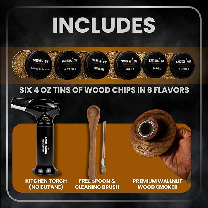 Smokeshow Cocktail Smoker Bundle with Kitchen Torch, Six Flavors of Wood Chips, Apple, Hickory, Maple, Mesquite, Cherry and Bourbon Soaked Oak. (No Butane Included)