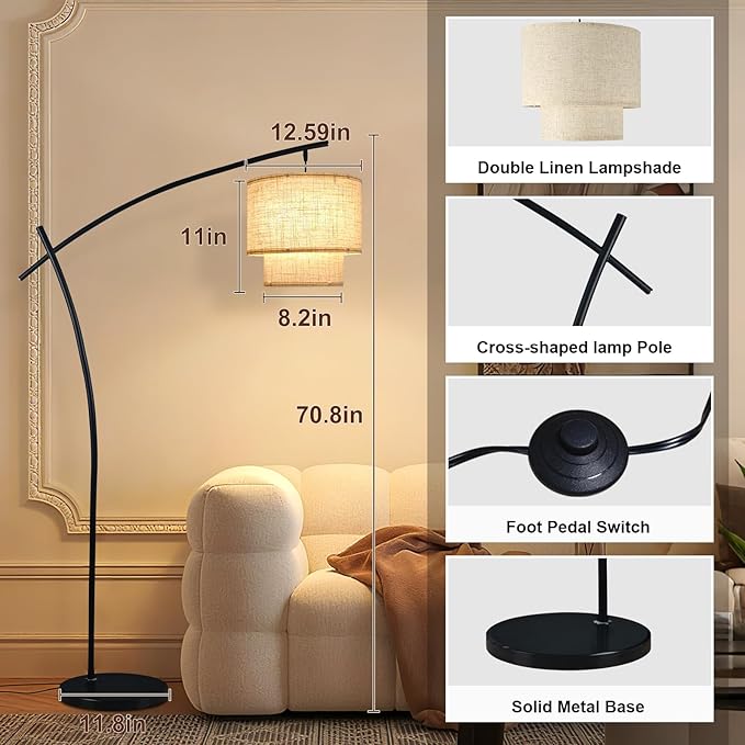 Lightdot Arc Floor Lamp for Living Room, Modern Standing Tall Lamps with Double Linen Lampshade, Tall Hanging Pole Lamp with Stable Metal Base & Foot Switch for Bedroom Home Office-Black