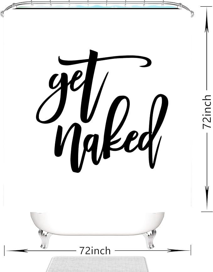 Domoku Get Naked Shower Curtain White Decor Black Words Shower Curtain Funny Bathroom Curtain Polyester Fabric Waterproof with 12Hooks,72x72 inch