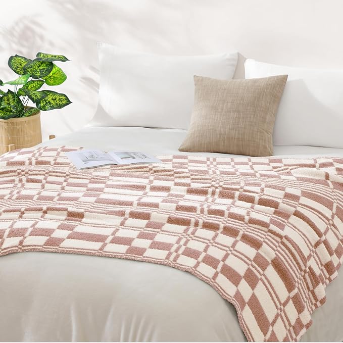 WRENSONGE Checkered Throw Blanket Clay Pink Soft Cozy Fluffy Warm Hand Made Weave Throw Blankets for Couch, Sofa, Chair, Bed, Camping, Picnic, Travel Lightweight Bed Blanket - 60"*80"