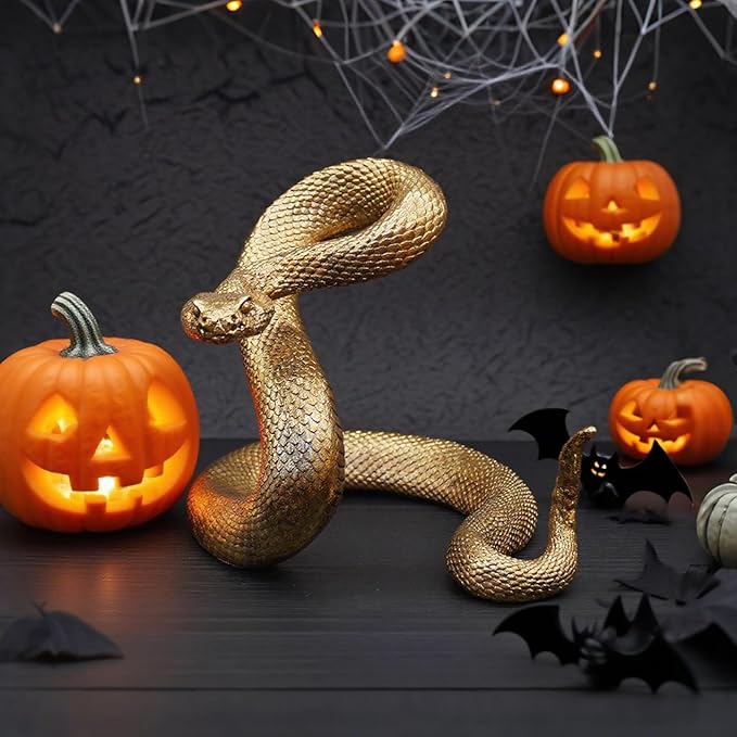 Guichifun Snake Statue Decor Collectible Figurines - Gold Resin Animal Chinese New Year Mascot Home Shelf Office Table Halloween Decoration 7.25 x 7.25 x 6.5 Inch