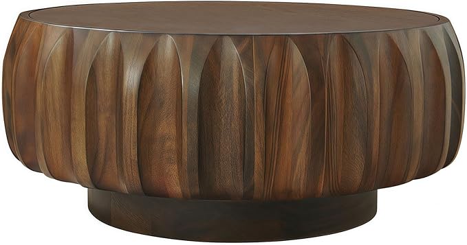 31.5" Round Walnut Coffee Table - Mid Century Modern Solid Wood Coffee Tables with Fluted Design for Living Room, Small Space, Apartment (Walnut)