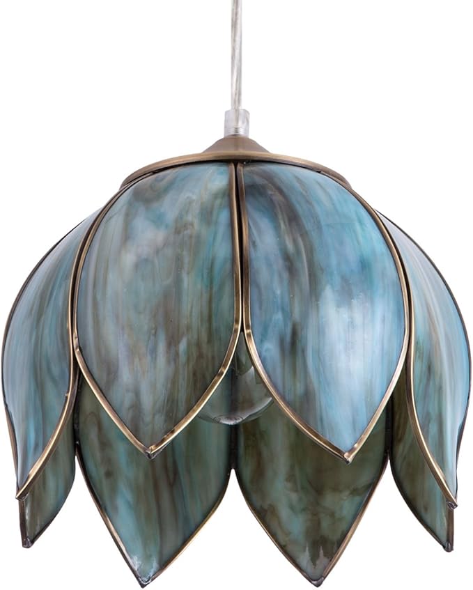 Pendant Lighting, Vintage Oriental Lotus Brass Ceiling Pendant Light Fixture, Mixed Blue-Green Glass Hanging Lamp for Kitchen Island Dining Room Living Room Sideway Shops, UL Listed