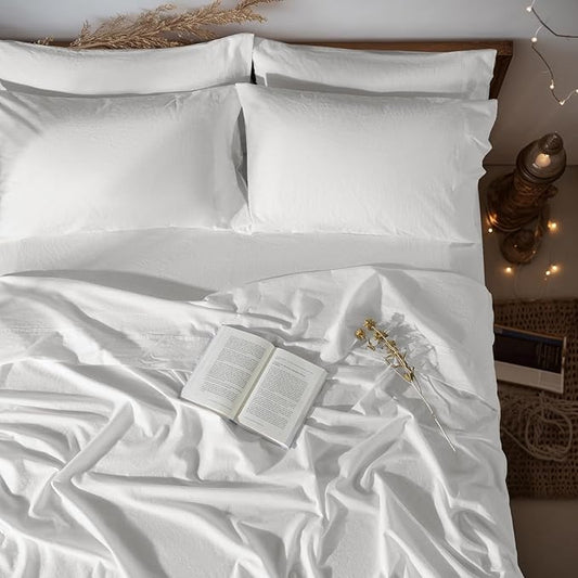 LBRO2M 100% Linen Sheet Set Queen Size, Bed Sheets 6 Piece Sets,Solid Color Natural Flax Bed Sheets Soft Breathable Bedding,16" Deep Pocket,All Season (Queen, White)