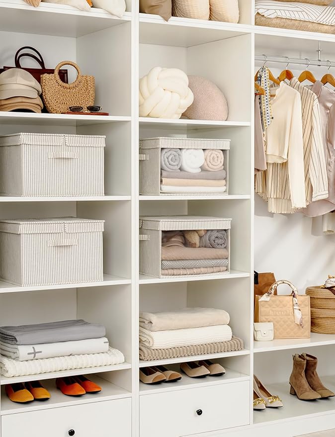 StorageWorks Storage Bins with Lid and Clear Window, Fabric Storage Boxes with Lids, Stackable Basket for Shelves, Closet Organizer and Storage Bins, Khaki and Beige Stripes, Jumbo, 4-Pack