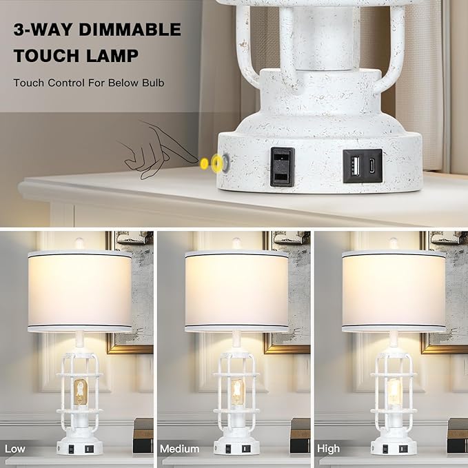 Farmhouse Industrial Lamps with USB A+C Charging Ports & AC Outlet, 3 Way Dimmable Touch Control Vintage Rustic Table lamps for Living Room, White Retro Beside Nightstand Metal Modern Lamp for Bedroom