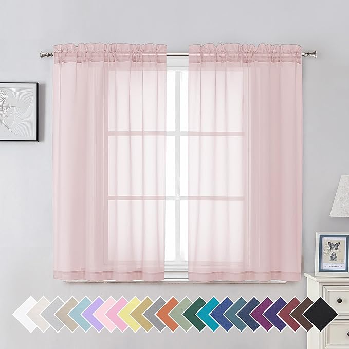 Aiyufeng Blush Pink Sheer Curtains 45 Inch Length 2 Panels Set, Light Filtering Airy Rod Pocket Light Pink Window Curtain Treatment Drapes for Kitchen Bedroom Living, Each 42Wx45L Inches