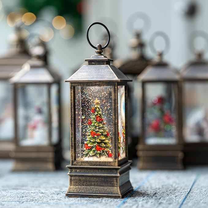 10" Lighted Christmas Tree Cardinal Music Snow Globe Water Lantern with Swirling Glitter Decoration for Christmas Home, Living Room, Battery Operated or USB Powered