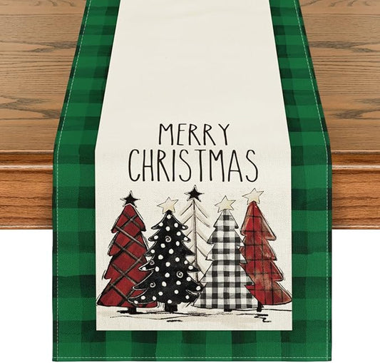 Artoid Mode Watercolor Green and Black Buffalo Plaid Christmas Trees Merry Xmas Table Runner, Seasonal Winter Holiday Kitchen Dining Table Decoration for Indoor Outdoor Home Party Decor 13 x 72 Inch