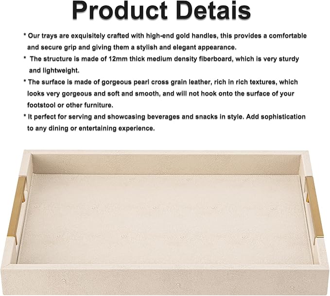 Beige Faux Leather Serving Tray with Handles – Large Decorative Tray for Coffee Table, Ottoman, Living Room, Bathroom – Home Decor