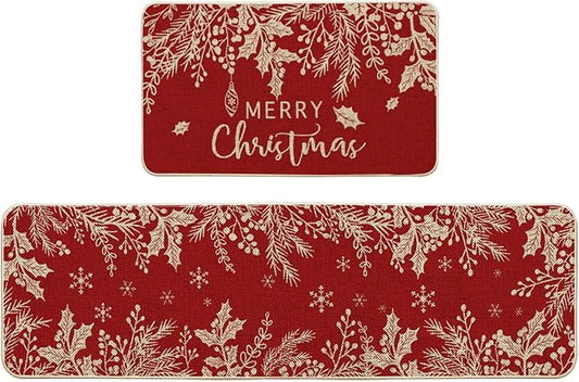 Artoid Mode Holly Pine Branches Leaves Merry Christmas Kitchen Mats Set of 2, Winter Decor Low-Profile Kitchen Rugs for Floor - 17x29 and 17x59 Inch