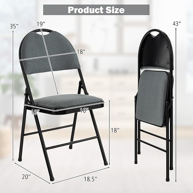 POWERSTONE Folding Chairs, Foldable Chair Set with Padded, Handle Hole and Metal Frame Dining Chair Set for Indoor and Outdoor, School, Office and Garden Party (6, Grey+Black)