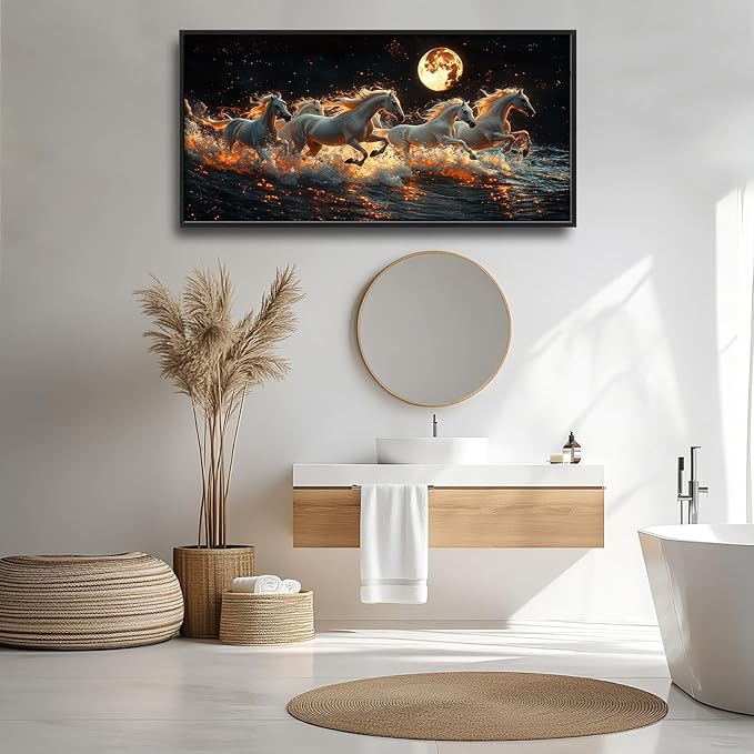Horse Wall Art, White Horses Pictures Wall Decor, Running Animal in Moonlight Canvas Prints Painting, Large Framed Artwork for Living Room Office Bedroom Bathroom Corridor 60"x 30"