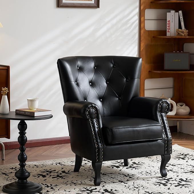 Modern Faux Leather Accent Chair, Upholstered Mid-Century Armchair with Solid Wood Legs, Single Sofa Chair for Living Room, Bedroom, or Reading Room（Black）