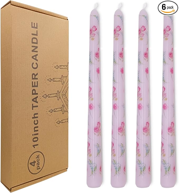 10 Inch Flower Taper Candles 4 Pcs Unscented, Smokeless, Dripless Long Tapered Candlesticks Candles for Mother's Day Birthday Dinner Dating Wedding Party Home Decor
