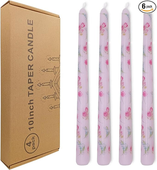 10 Inch Flower Taper Candles 4 Pcs Unscented, Smokeless, Dripless Long Tapered Candlesticks Candles for Mother's Day Birthday Dinner Dating Wedding Party Home Decor