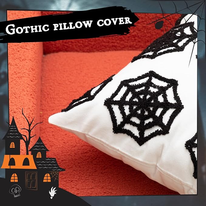 Set of 2 Halloween Spider Web Throw Pillow Covers 18x18 Inch Black White Spider Web 3D Protruding Throw Pillow Cases Soft Halloween Couch Cushion Case for Home Sofa Room Decoration