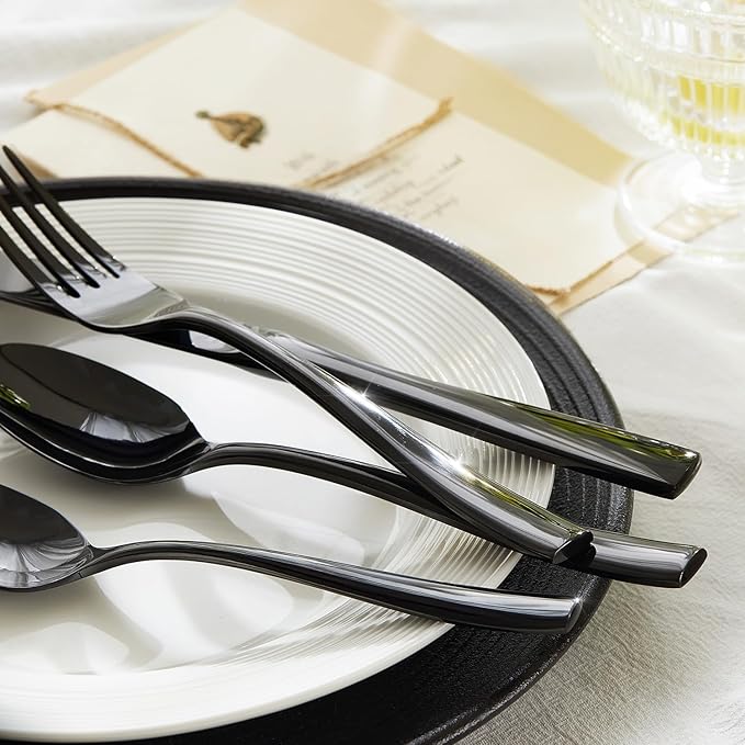 HIKAA Forged Silverware Set Stainless Steel Flatware Set,Service for 4,Matte Satin Polished Cutlery Set,Dishwasher Safe (Black, 20PCS)